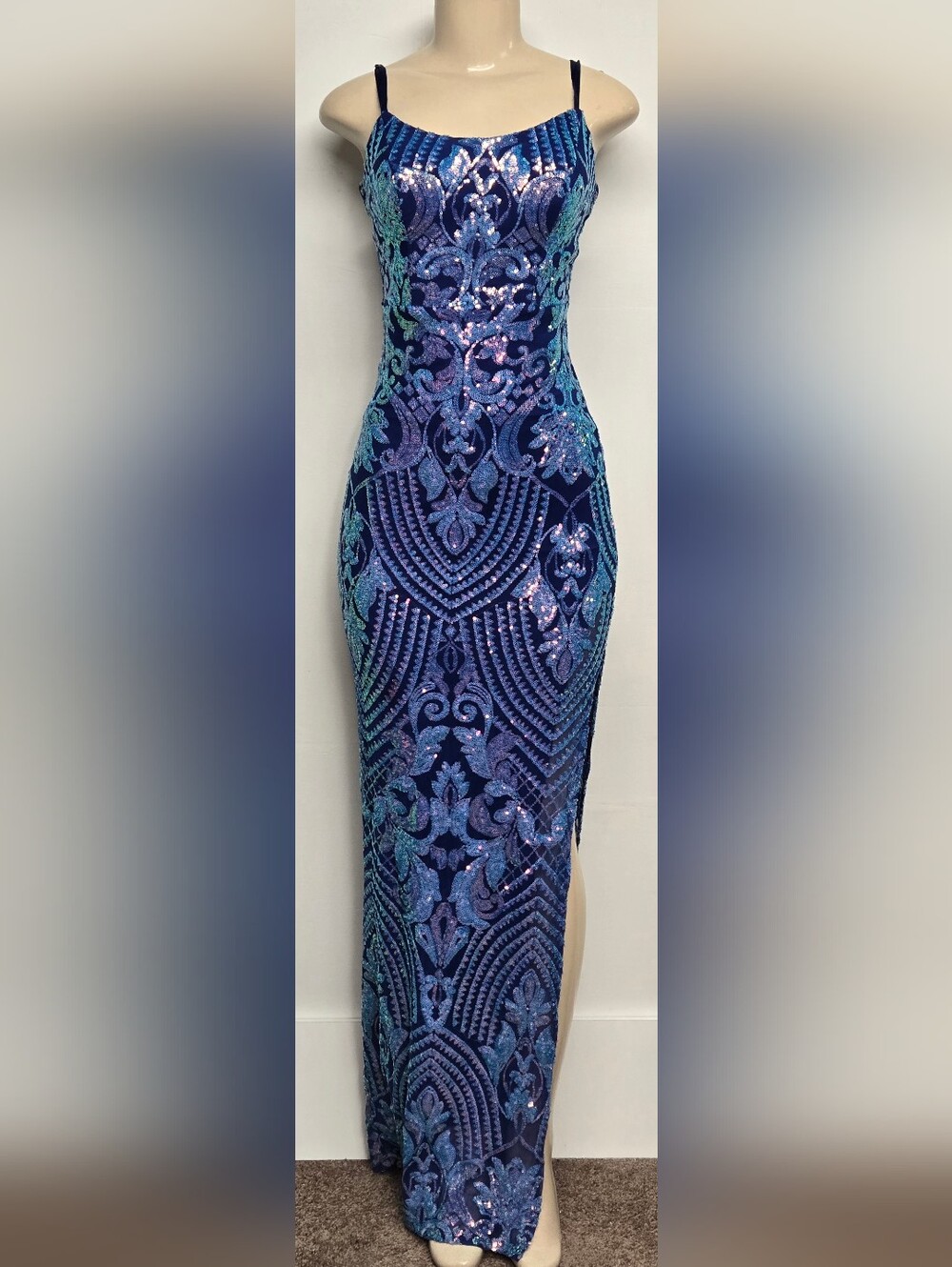 Emerald Sundae S Long Maxi Blue Formal Gown Dress Spaghetti Straps Sequins - Picture 1 of 6